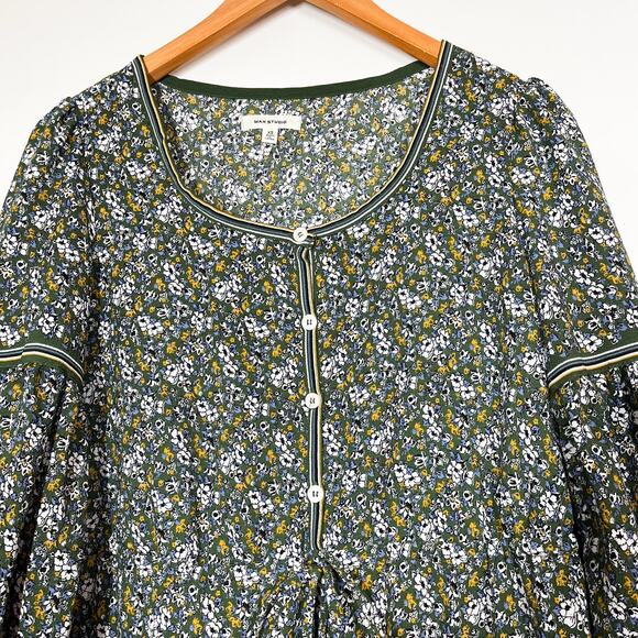 Max Studio Tiered Floral Long Sleeves Dress Sz‎ XS Relaxed Fit Green Multicolor - Picture 3 of 14